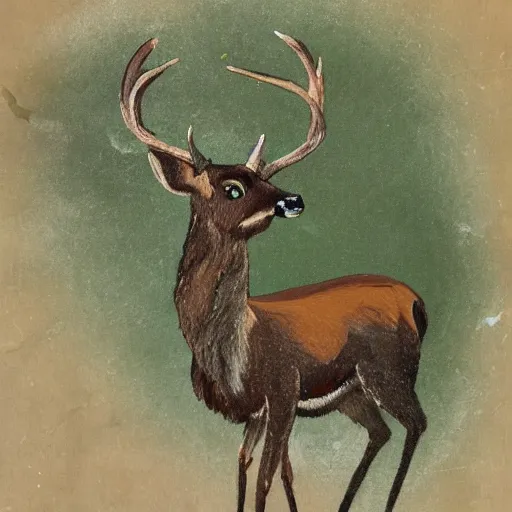 Image similar to deer with a cigarette in its mouth and thick smoke coming out of the cigarette, very detailed, thick paint, expressive, brown and green palette, rule of thirds, dripping paint, thick strokes