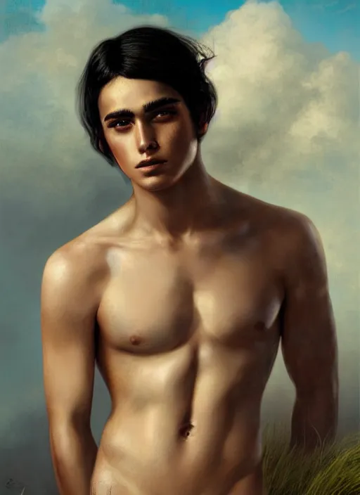 Prompt: a macho portrait of a shirtless young mexican man with dark brown eyes and short black hair, art by manuel sanjulian and tom bagshaw and george quaintance