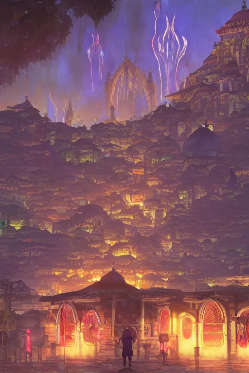 Prompt: the city of vivec in morrowind, dark elves and khajit walking around, 4 k digital paint by studio ghibli hayao miyazaki. vivid colours, vaporwave lighting style, very sharp and detailed. trending on artstation and behance.