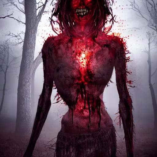 Image similar to A realistic detailed photo of a creepy witch, blood, exploded belly, red eyes, destroyed body, dead skin, dead trees, detailed body, teeth filled with cavities, foggy landscape, creepy, light particles, detailed light, realistic shaders, trending on artisation, detailed textures, detailed, realistic.