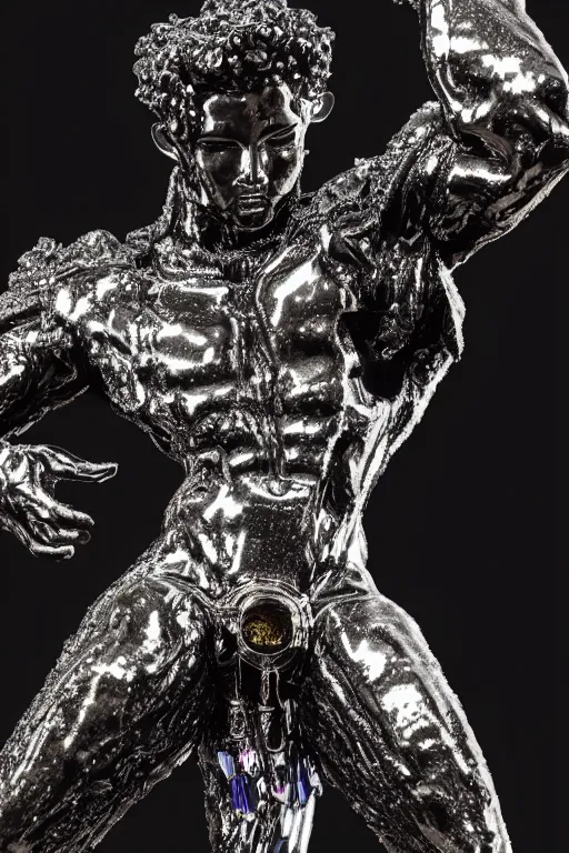 Prompt: hyper detailed ultra sharp fullbody photo of baroque and cyberpunk reflective black onyx sculpture of a muscular seductive young spanish piero mendez feeling highly aroused bem dotado, iridescent humanoid deity wearing black and white striped seethrough cloak, holding a rainbow tiger gem, blue diamond, glowing pink face, crown of white diamonds, cinematic lighting, photorealistic, octane render 8 k