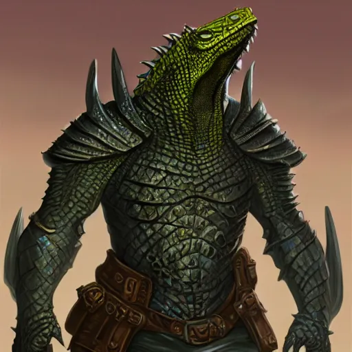 Prompt: lizard wearing oiled leather rogue armor, Lizardman thief, D&D, argonian, mideival setting, digital painting, highly detailed, concept art, sharp focus, artstation