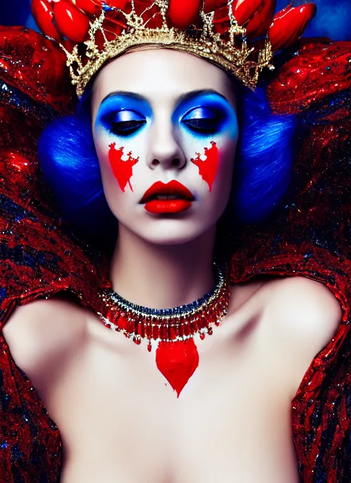 Image similar to a female high fashion model wearing a jeweled face crown, dark eye make - up, red lips, alexander mcqueen, haute couture, artstation, high detail, black, red and blue, by mobius, painterly, 8 0's airbrushed, film still, cinematic composition