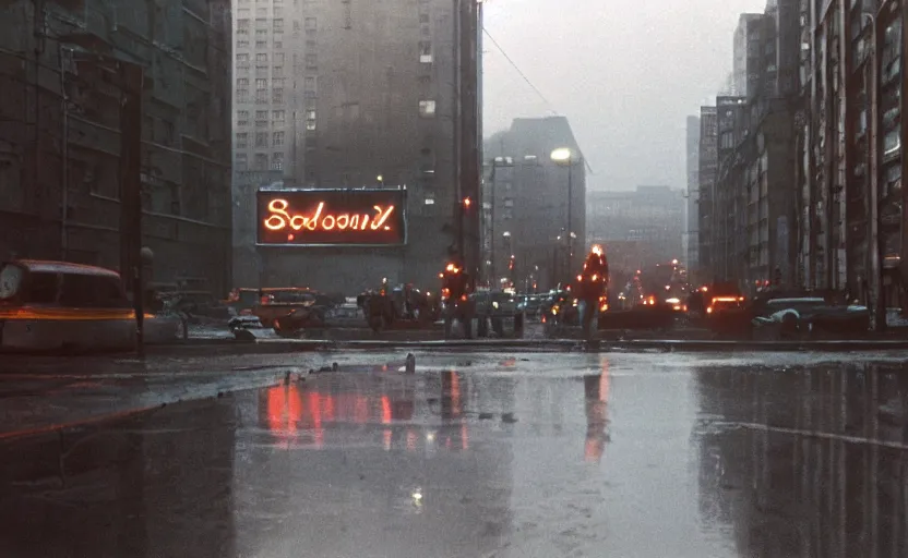 Image similar to 70s movie still of a sovietic street with pedestrians with soviet highrise in the backround , Cinestill 800t 18mm ektachrome color, heavy grainy picture, very detailed, high quality, 4k panoramic, HD criterion, dramatic lightning, neon billboards and streetlight at night, rain, mud, foggy, gigantic red lenin portrait on the wall, soviet flags