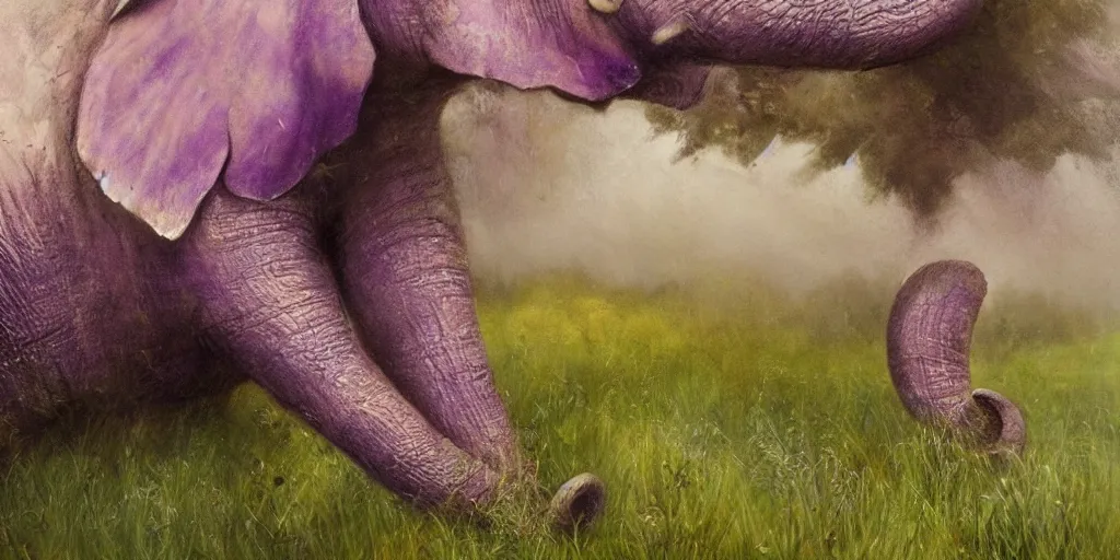 Image similar to purple elephant running in meadow, close up, raining, mountain behind meadow, menacing, illustration, detailed, smooth, soft, cold, by Adolf Lachman, Shaun Tan, Surrealism