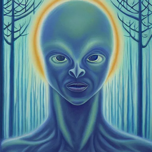 Image similar to painting of a tranquil alien looking up at sky in dense foggy forest by Alex Grey, acrylic art, ethereal, soothing, somber, elegant, warm light, cozy, glows,