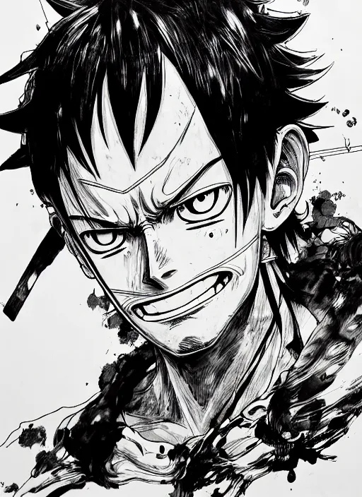 Prompt: portrait of luffy, sumi - e style, masterful, intense, ultrafine hyperdetailed illustration, concept art, detailed, intricate linework, art by yoji shinkawa