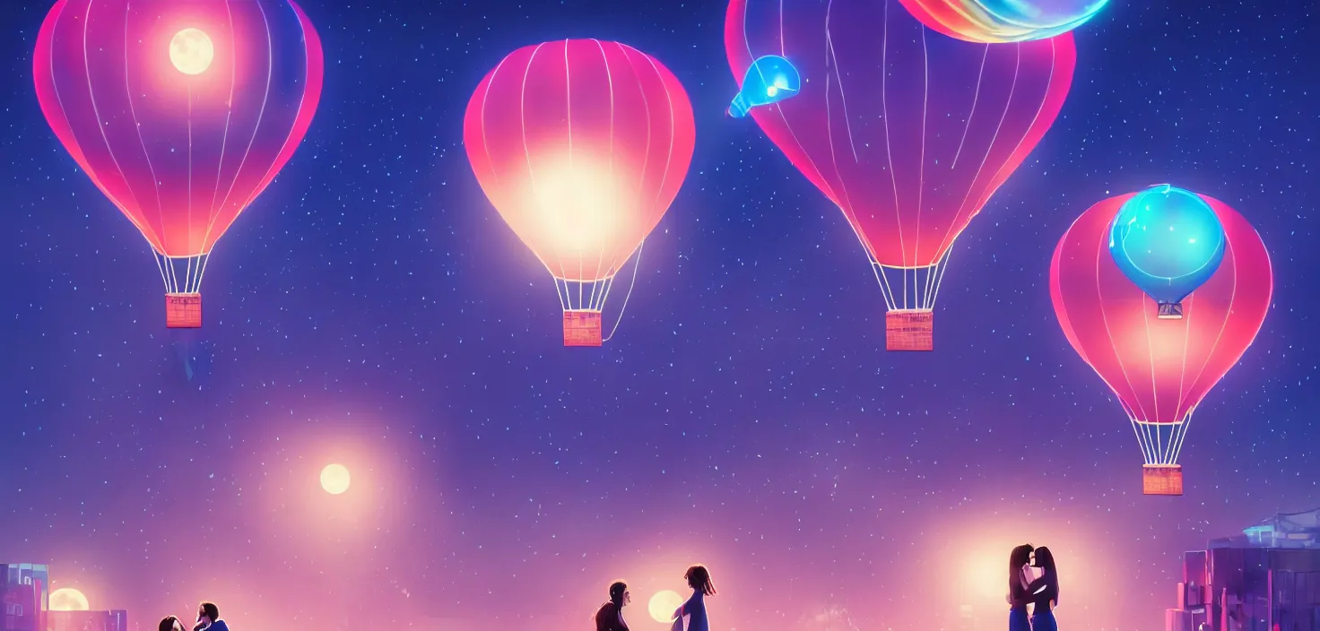 Prompt: a couple kissing on the background air balloon in the middle neon lights | | sunny night, full moon, dreamlike art, realistic shaded, smile, good looking, hyper details, 4 k realistic, cryengine, realistic shaded lighting poster by artgerm, ross tran, fuji choko, 8 k resolution, trending on artstation, luxury