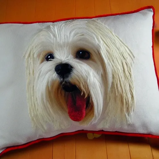 Image similar to maltese terrier embroidered on pillow, photo, realistic