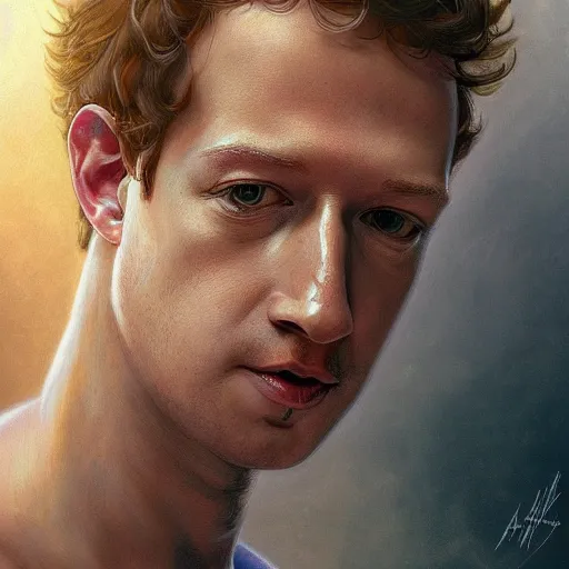 Image similar to portrait of mark zuckerberg as a heavenly god, full body, muscular, fantasy, intricate, elegant, highly detailed, digital painting, artstation, concept art, matte painting, sharp focus, illustration, art by artgerm and greg rutkowski and alphonse mucha