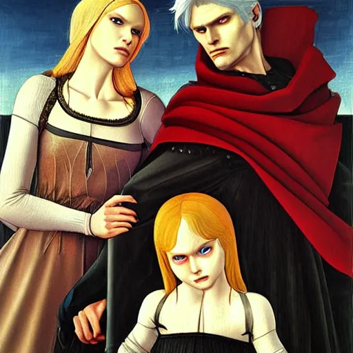 Image similar to A family portrait of Dante and Vergil from the hit video game series Devil May Cry by Sandro Botticelli, oil painting, artstation