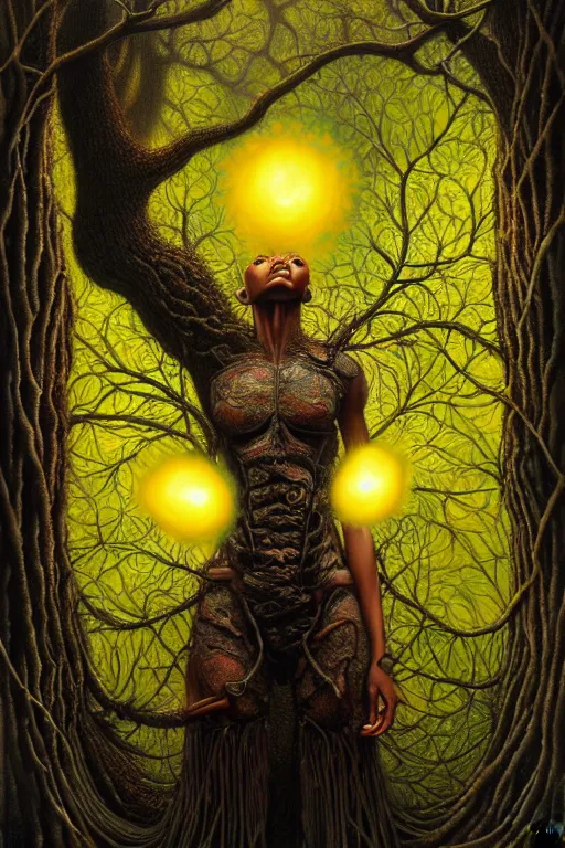 Prompt: hyperrealistic neo-baroque super expressive! black woman with detailed exoskeleton armor, merging with tree in a forest, digital painting masterpiece brad kunkle hannah yata dramatic iridescent yellow light low angle hd 8k sharp focus