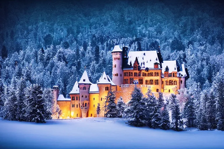 Prompt: Beautiful castle in the heart of the forest and snow-capped mountains at night, hyperdetailed, photo realistic, dramatic lighting, Nat Geo award winner, 100mm lens, bokeh