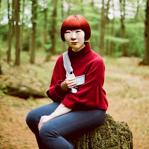 Prompt: a cottagecore photoshoot of mahiru koizumi, a japanese young woman with a freckled face and green eyes, beautiful redhead with a bowl cut holding her camera, 8 5 mm portrait photography