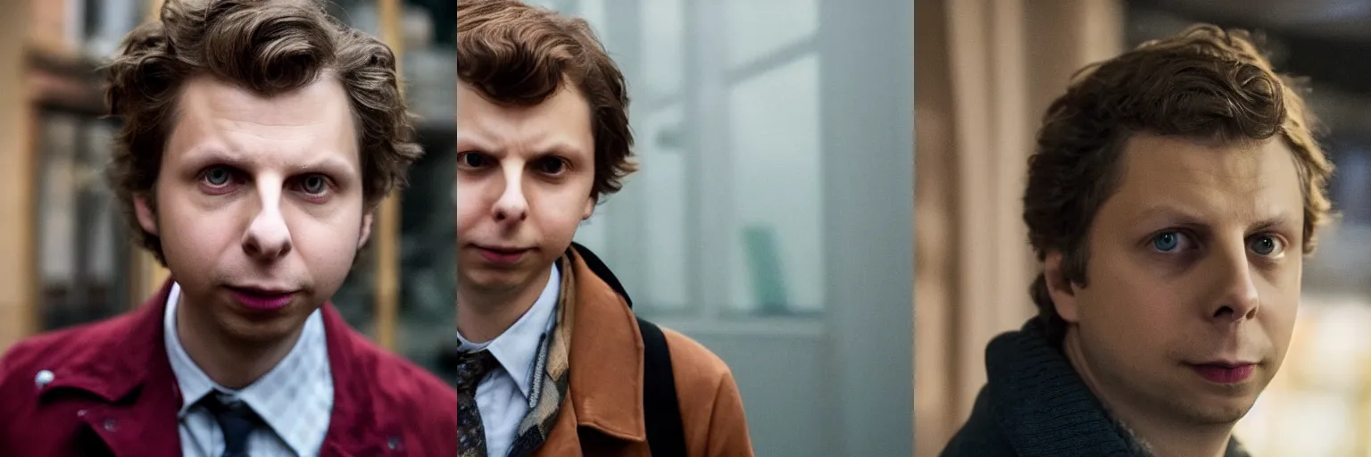 Prompt: close-up of Michael Cera as a detective in a movie directed by Christopher Nolan, movie still frame, promotional image, imax 70 mm footage