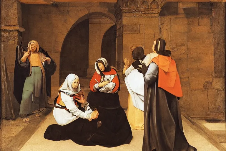 Image similar to painting of 3 women, at the tomb of jesus, dynamic composition, 2 angels, caravaggio, rubens, pieter de hooch