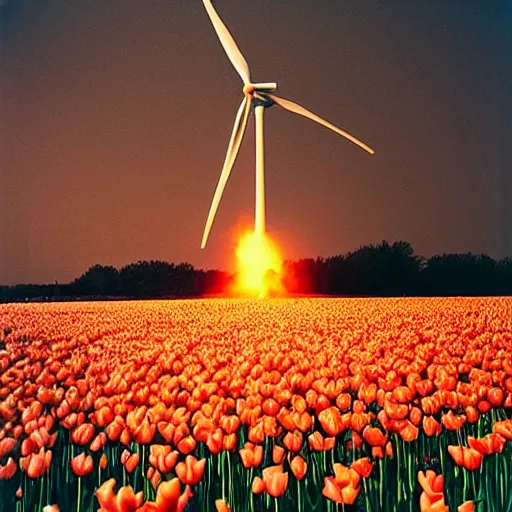 Image similar to “a burning wind turbine in a field of tulips at night time. It is night and very dark. Fireworks in the night sky. 35mm film. Cursed image.”