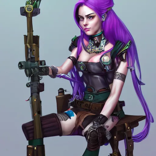 Image similar to portrait of jinx from arcane, bored sitting in a chair, hanging two guns on her hands, artstation, super detailed