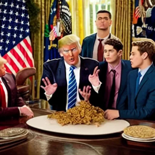 Image similar to a scene from the tv show, the boys, featuring donald trump as homelander.