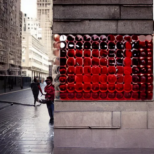 Prompt: chrome spheres on a red cube by steve mccurry