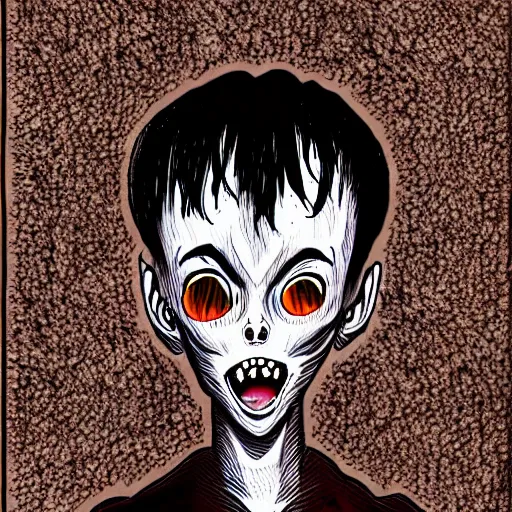 Image similar to a dark brown humanoid, hyper detailed, in the style of junji ito and and junji ito and junji ito, selfie