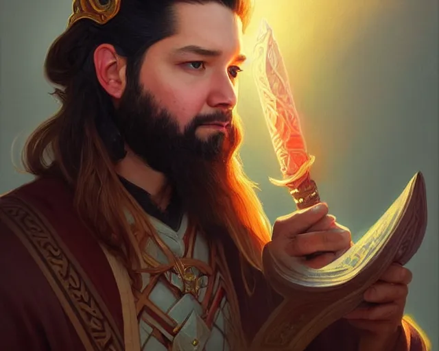 Image similar to a portrait of alexis ohanian as a wizard, wizard hat, handsome, deep focus, d & d, fantasy, intricate, elegant, highly detailed, digital painting, artstation, concept art, matte, sharp, illustration, hearthstone, art by artgerm and greg rutkowski and alphonse mucha