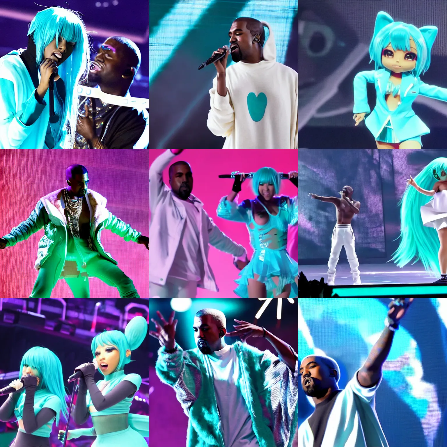 Prompt: kanye performing with hatsune miku, 4 k, media photo, highly detailed, coherent