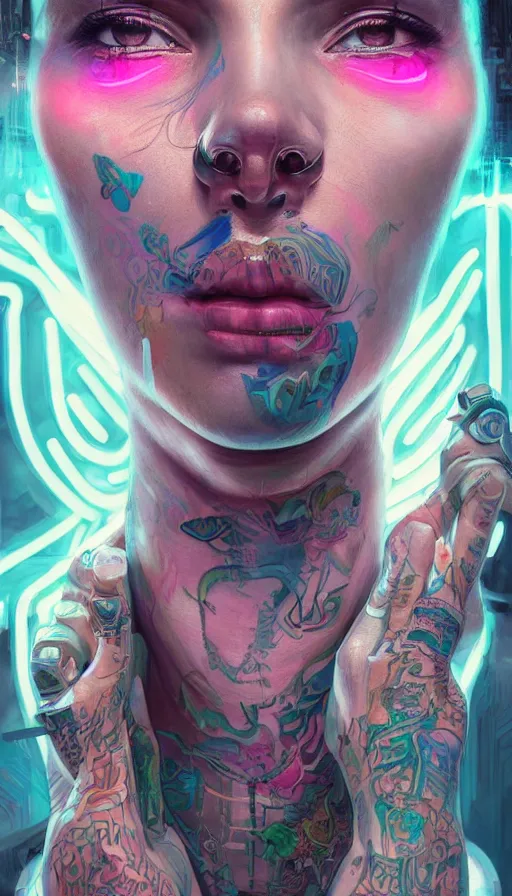 Prompt: a stunning highly detailed digital portrait of a cyberpunk woman in strong lighting, tattoos and electronics, neon reflections, pastel colors, by mandy jurgens, highly detailed, oil on canvas