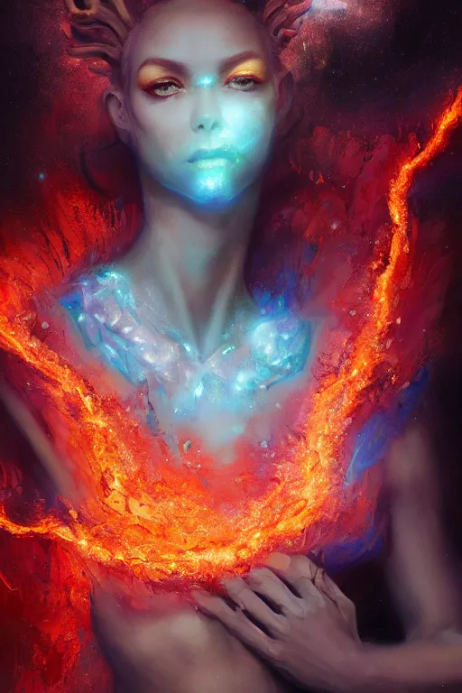 Image similar to torso closeup model wearing exploding ice & fire lava crystal dress, sorcerer, diamonds, angel, fantasy, dramatic lighting, highly detailed, digital painting, holding electricity, magic the gathering, hyper detailed, 3 d render, hyper realistic detailed portrait, peter mohrbacher, wlop, ruan jia