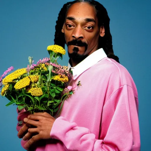 Image similar to Snoop Dogg crying while holding a Vase of flowers for a 1990s sitcom tv show, Studio Photograph, portrait, very sad C 12.0