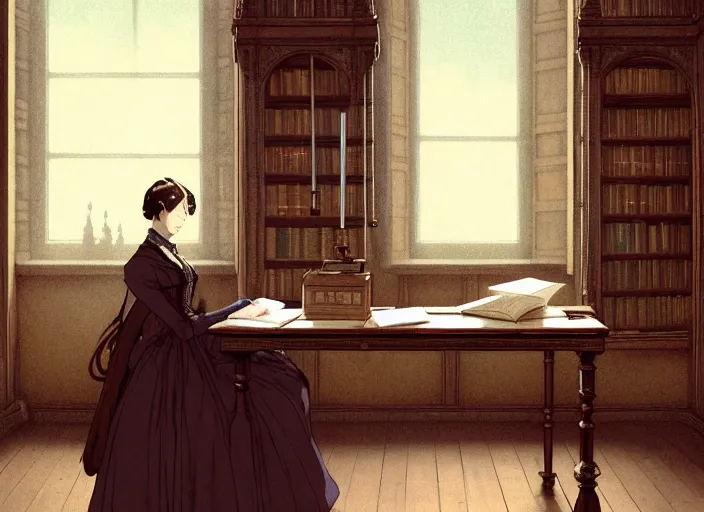 Prompt: victorian britain 1 8 3 5, older paler florence nightingale sitting writing letters in the library of a english victorian manor. light from a window on the left, dull colours, finely detailed perfect art, gapmoe yandere grimdark, trending on pixiv fanbox, painted by greg rutkowski makoto shinkai takashi takeuchi studio ghibli