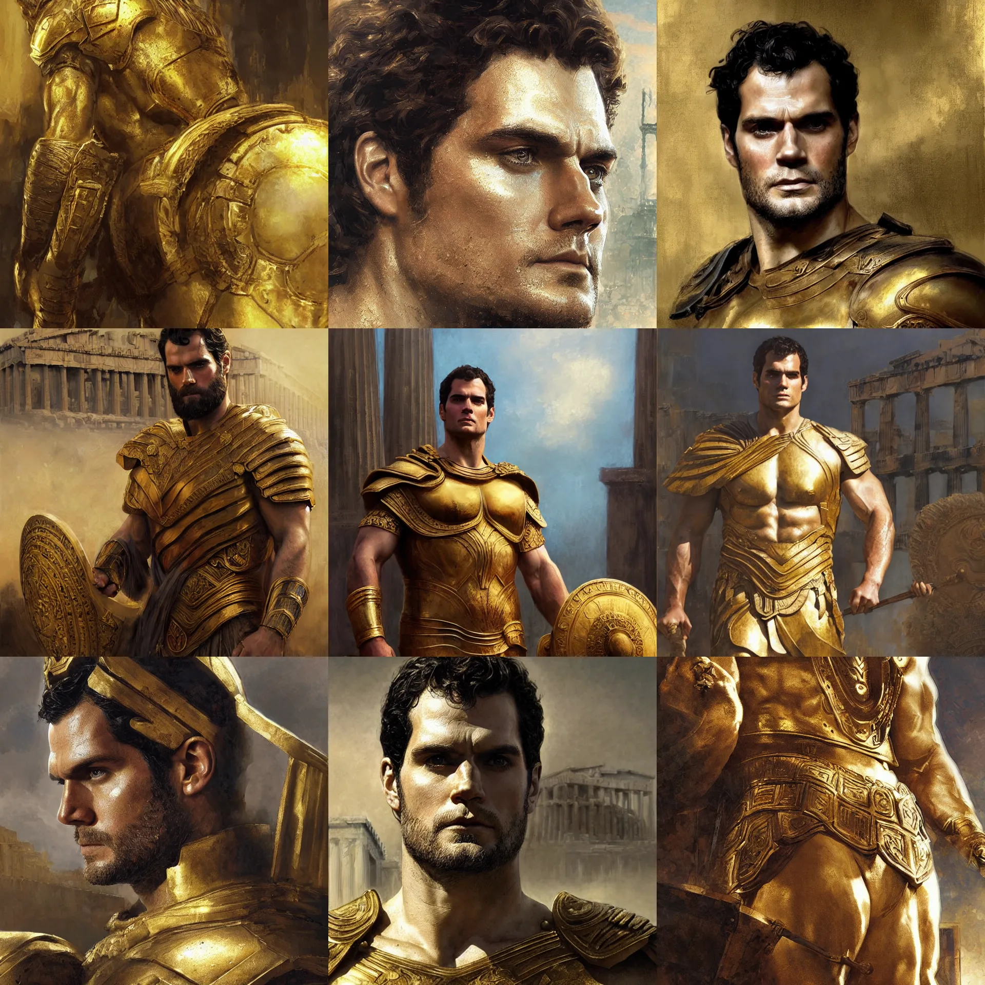 Prompt: digital art painting of henry cavill as an ancient greek god, golden armored, parthenon in the background painted by craig mullins and gaston bussiere and greg rutkowski, symmetrical face, defined facial features, symmetrical facial features, dramatic lighting