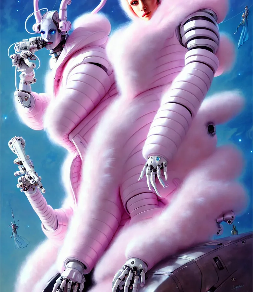 Image similar to beautiful fantasy character portrait, wearing pink puffy bomber jacket with white fur, seductive reclining pose, futuristic robots sitting, ultra realistic, dramatic lighting, robots, the fifth element artifacts, highly detailed by peter mohrbacher, hajime sorayama, wayne barlowe, boris vallejo, aaron horkey, gaston bussiere, craig mullins