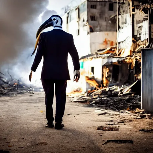 Image similar to photo of a man in a suit wearing a latex mask of a shoebill stork, at a favela, walking away from explosion, dramatic lighting