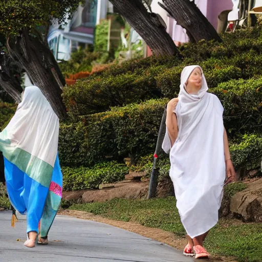 Image similar to A white woman and an East Asian woman, both wrapped in saris, walk up and down the hills of San Francisco on the arm of Indian boyfriends decked in normie tech bro outfits