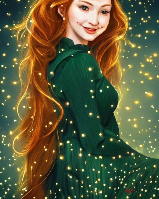 Prompt: a happy, modern looking young woman looking over shoulder, wonderful detailed dress, among the lights of golden fireflies and nature, long loose red hair, intricate details, green eyes, small nose with freckles, triangle shape face, smiling, golden ratio, high contrast, hyper realistic digital art by caravaggio and artgerm.