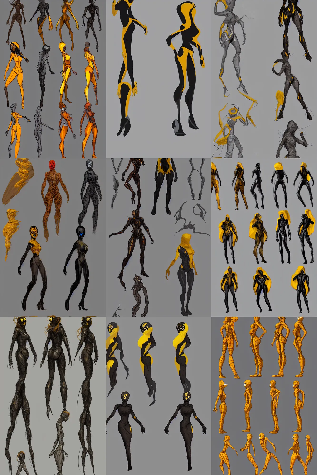 Prompt: full body character turnaround of a woman in an orb weaver spider costume standing in a rock quarry, character sheet, matte painting, spiderwoman!!, john singer sargent, good value control, highly detailed portrait, character turnaround, digital painting, concept art, artstation, sharp focus, smooth, illustration, yellow and black color scheme,