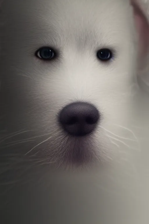 Prompt: hyper - realistic close up portrait of a happy white puppy with blue eyes, photorealism, portrait photography, volumetric lighting, insanely detailed, artstation, 4 k, 8 k