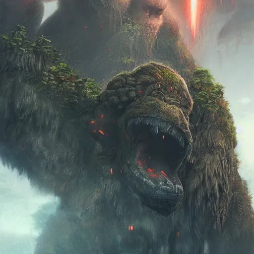 Image similar to King Kong in the Dangerous Skull Island, fantasy art, in the style of greg rutkowski, illustration, epic, fantasy, intricate, hyper detailed, artstation, concept art, smooth, sharp focus, ray tracing