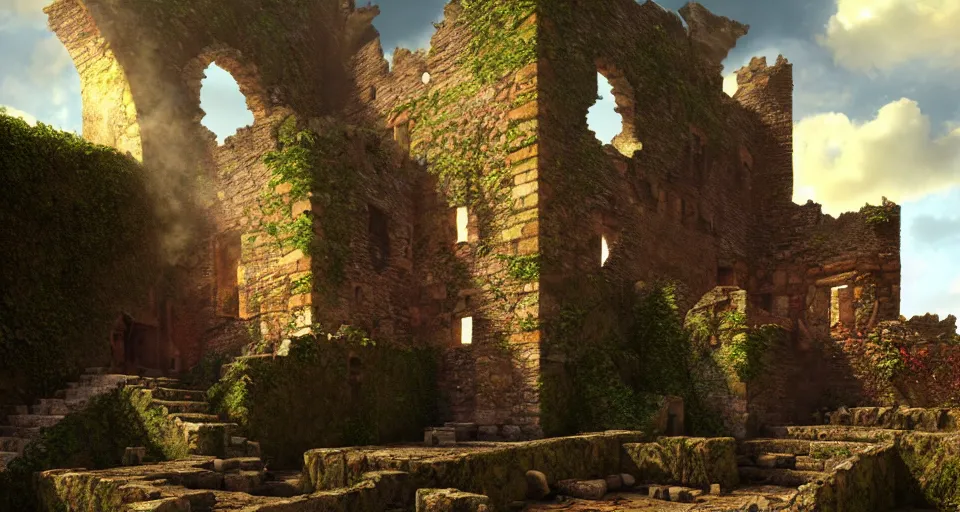 Image similar to castle ruins by lawrence alma - tadema ; dramatic lighting, sunshine rays, deep colors, colorful, beautiful, cel - shaded, amazing depth ; octane render, trending in artstation, behance hd, unreal engine, photography, hyperdetailed