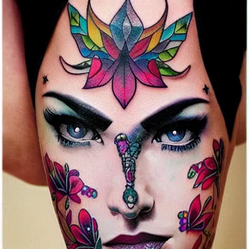 Image similar to tattoo on female face, epic, colorful, beautiful, intricate detail