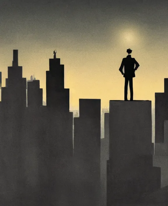 Image similar to human standing on top of the building, watching the city skyline calmly glowing on the background, inspired by isaac levitan, noir comics esthetics, sharp focus, less detailed, 8 k, high resolution