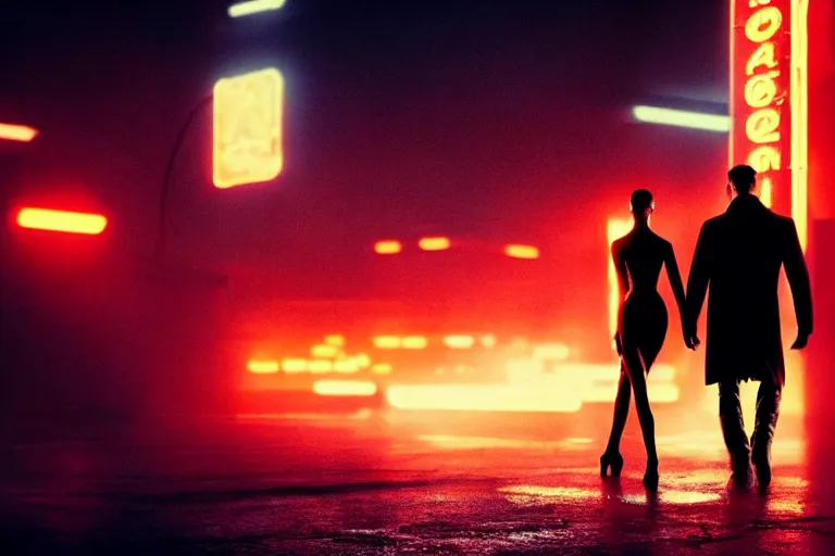 Image similar to film still of closeup beautiful russian models couple in blade runner 2 0 4 9, cinematic, moody, gritty neon noir by emmanuel lubezki