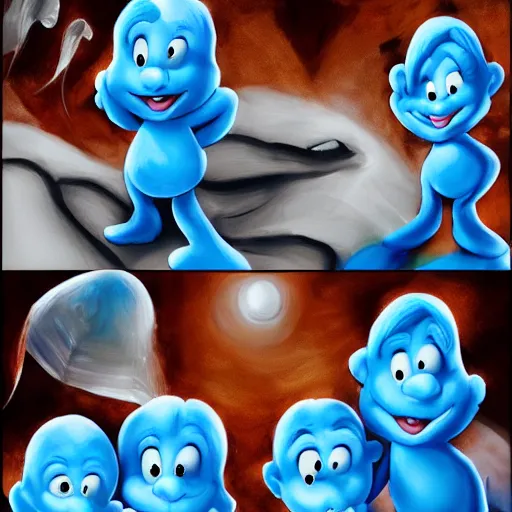 Prompt: a beautiful rendition of the smurfs, digital painting, oil on canvas