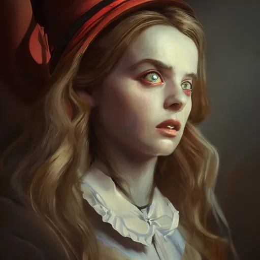 Image similar to closeup portrait of alice in wonderland, dramatic lighting, chiaroscuro, high detail, painted by greg rutkowski, painted by igor kieryluk, painted by bobby chiu, trending on artstation