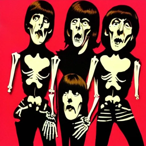 Image similar to beatles album cover, evil style, angry ringo, skeleton john,