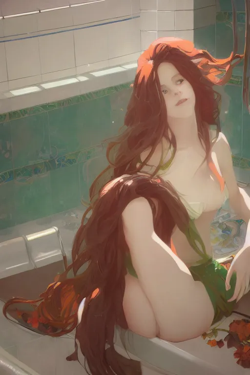 Prompt: a girl with long hair lying in a bathroom bath at afternoon, green and orange theme, s line, 4 5 angel by krenz cushart and mucha and makoto shinkai and greg rutkowski, 4 k resolution