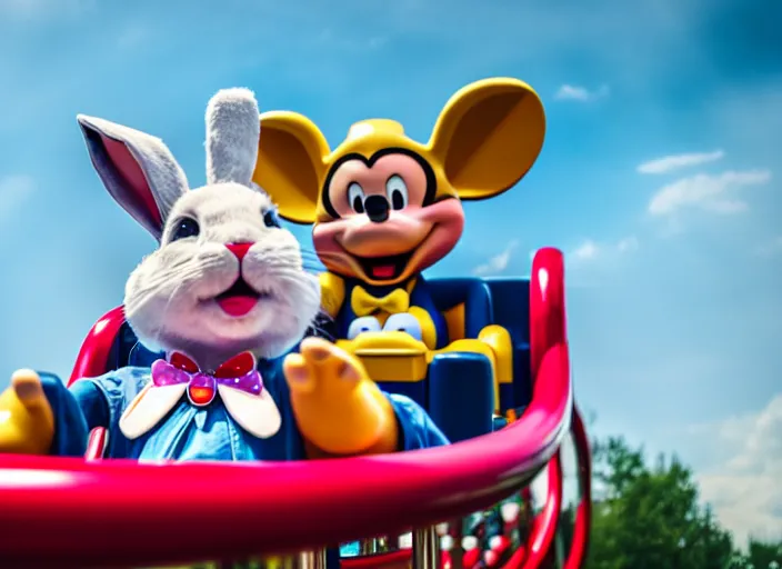 Image similar to film still of a bunny riding a roller coaster in disneyland paris, 8 k