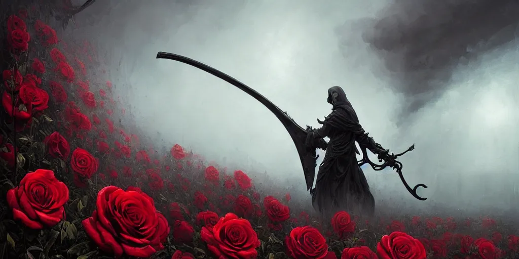 Image similar to poster style, a beautiful and terrifying painting with high details of a panoramic view of a reaper holding a long sickle, with red fluid white roses in the foreground, movie atmosphere, movie lights, 8 k, light effect, rtx on, trending on artstation, by kilian eng, lee madgwick, bastien lecouffe - deharme