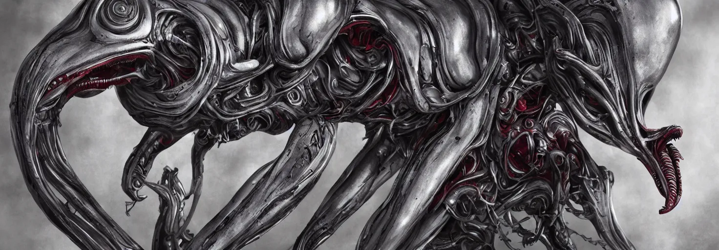 Image similar to engineer alien bood face by Artgerm, xenomorph alien, highly detailed, symmetrical long head, blood color, smooth marble surfaces, detailed ink illustration, raiden metal gear, cinematic smooth stone, deep aesthetic, concept art, post process, 4k, carved marble texture and silk cloth, latex skin, highly ornate intricate details, prometheus, evil, moody lighting, hr geiger, hayao miyazaki, indsutrial Steampunk